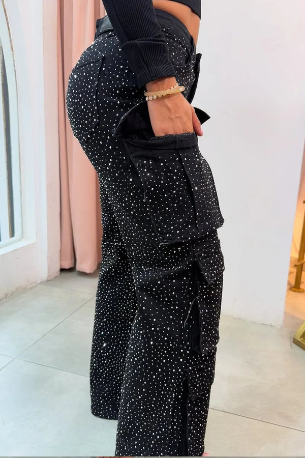 “Make Every Outfit Shine: Elegant Wide-Leg Rhinestone Jeans”